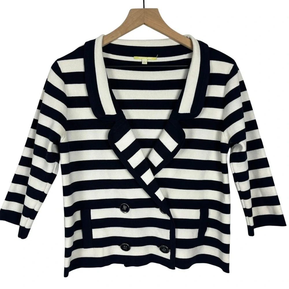 GIANNI BINI Women's Blazer Jacket Striped Dark Navy Blue White L Silk Blend Knit